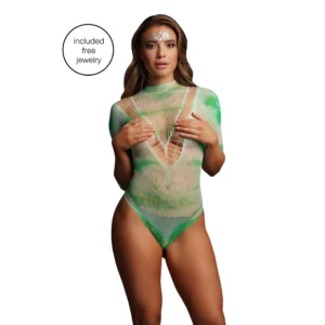 Leg Avenue Short Sleeve Tie-Dye Fishnet Bodysuit & Face Jewel Set, Multicolor