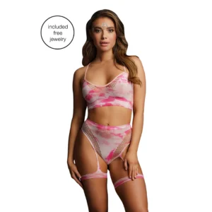 Leg Avenue Tie-Dye Bra & High Waist Set with Garters + Eye Bling, One Size