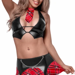 Magic Silk Dress Up Halter Vest & Skirt Set L/XL Red Plaid Design