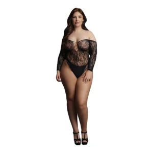 Wonder Plus Size Rhinestone Lace Bodysuit Red Off-Shoulder Design