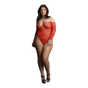 Wonder Rhinestone Lace Bodysuit Plus Size Red Off-Shoulder 1XL-3XL
