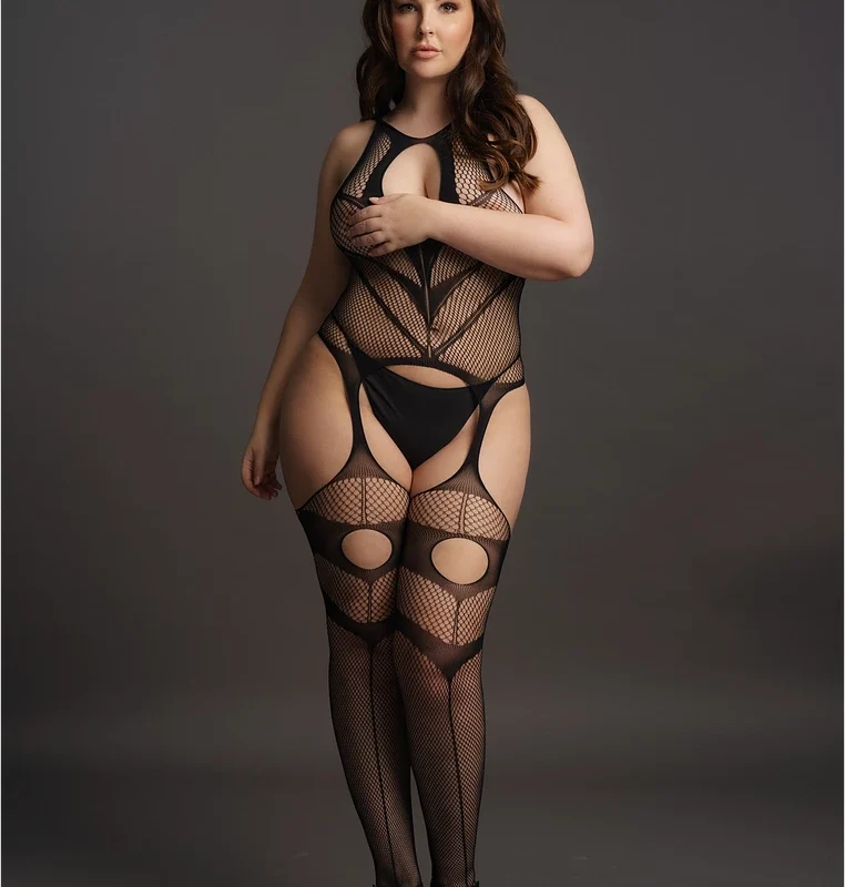 Leg Avenue Plus Size Bodystocking High Neck Opaque Pattern XL-4XL