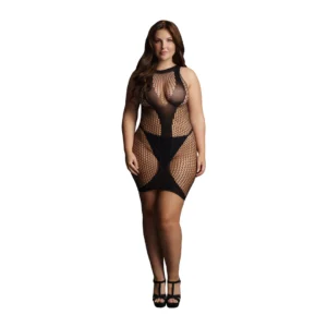 Leg Avenue Plus Size High Neck Net Mini Dress with V Accent, Black