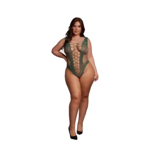 Obsessive Queen Size V-Neck Intimate Bodysuit with Opaque Net Panels
