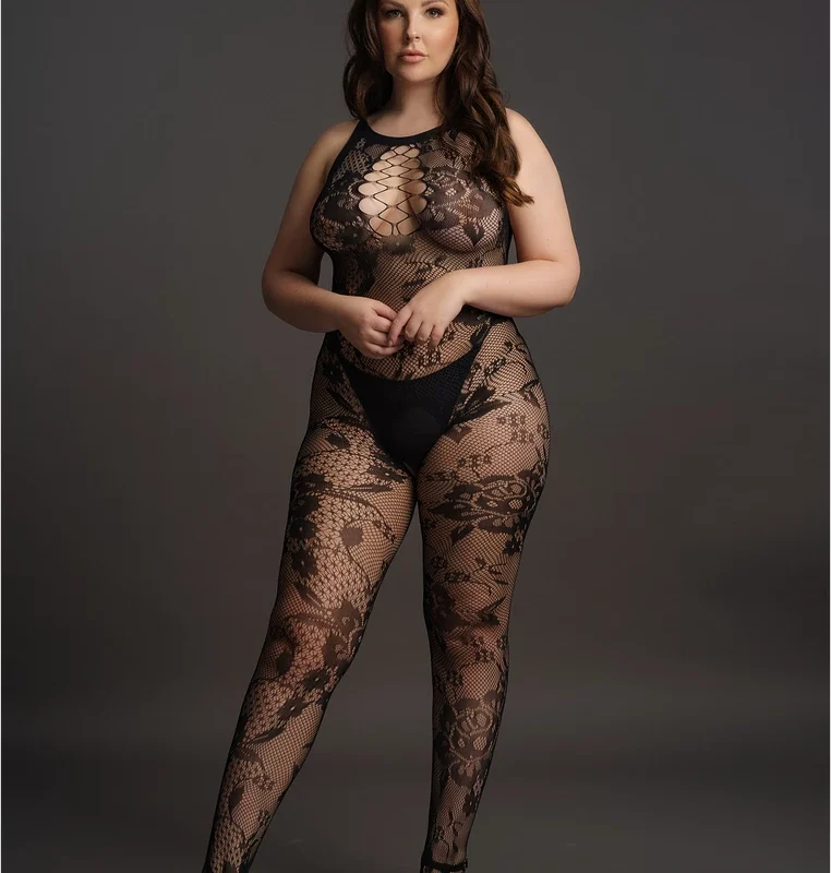 Shots Criss Cross Neck Lace Bodystocking Plus Size Black XL-4XL