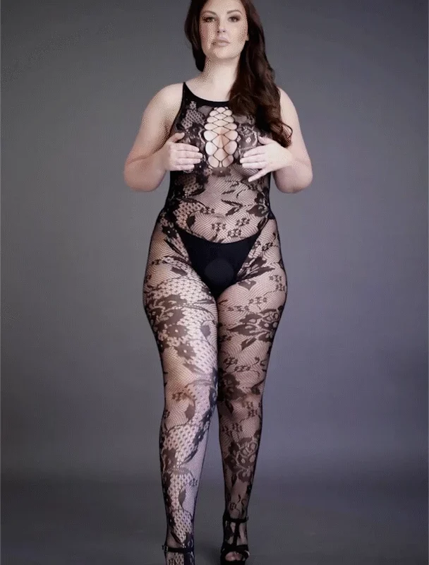 Shots Criss Cross Neck Lace Bodystocking Plus Size Black XL-4XL