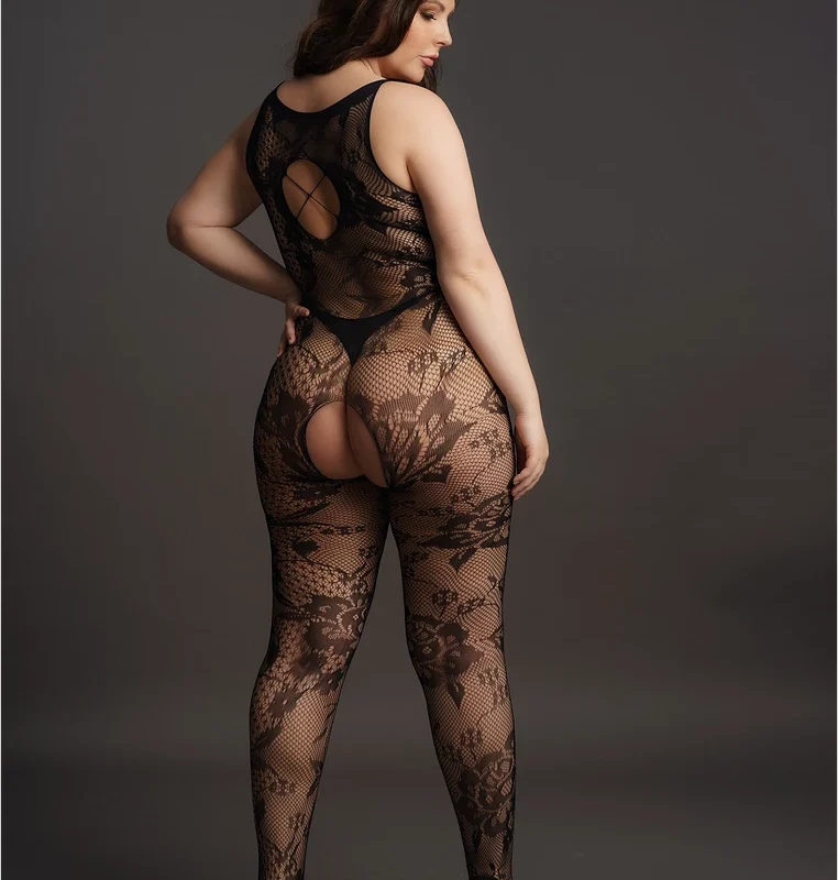 Shots Criss Cross Neck Lace Bodystocking Plus Size Black XL-4XL