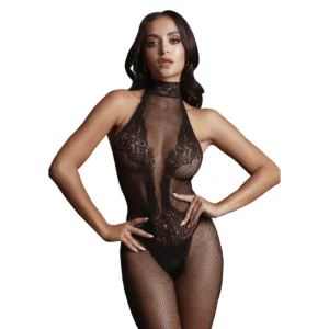 Shots Le Desir Bodystocking Halter Neck Lace & Fishnet S-XL Black