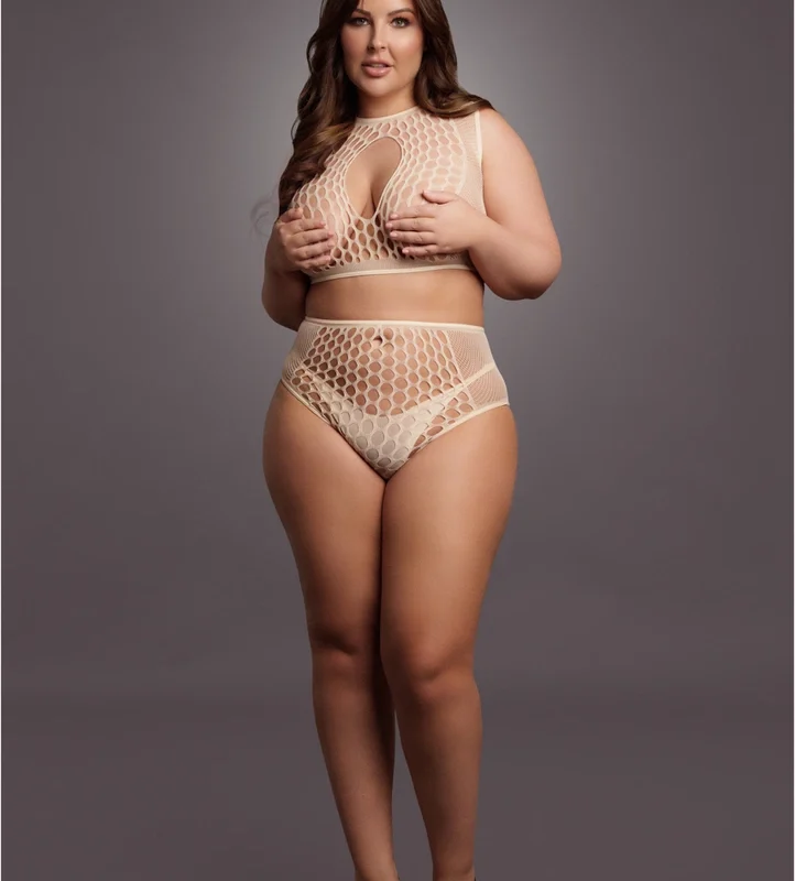 Shots Duo Net Keyhole Crop Top & High-Waisted Set Queen Size XL-4XL