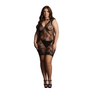 Rimba Plus Size High Neck Lace Pattern Mini Dress XXL-5XL Black