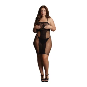 KissMePlus Knee-Length Lace & Fishnet Dress, Deep V, Plus Size, Black