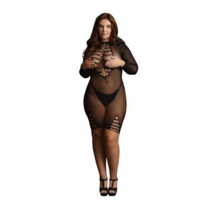 Rimba Plus Size Long Sleeve Fishnet Dress Black XXL-5XL