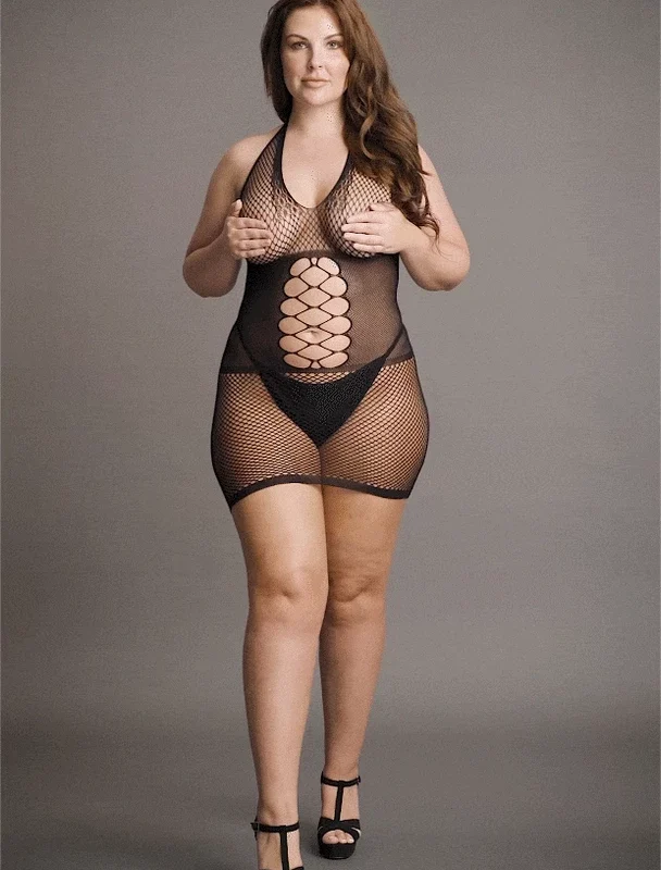 Peek-A-Boo Plus Size High Neck Fishnet Dress with Lace Trim XXL-5XL