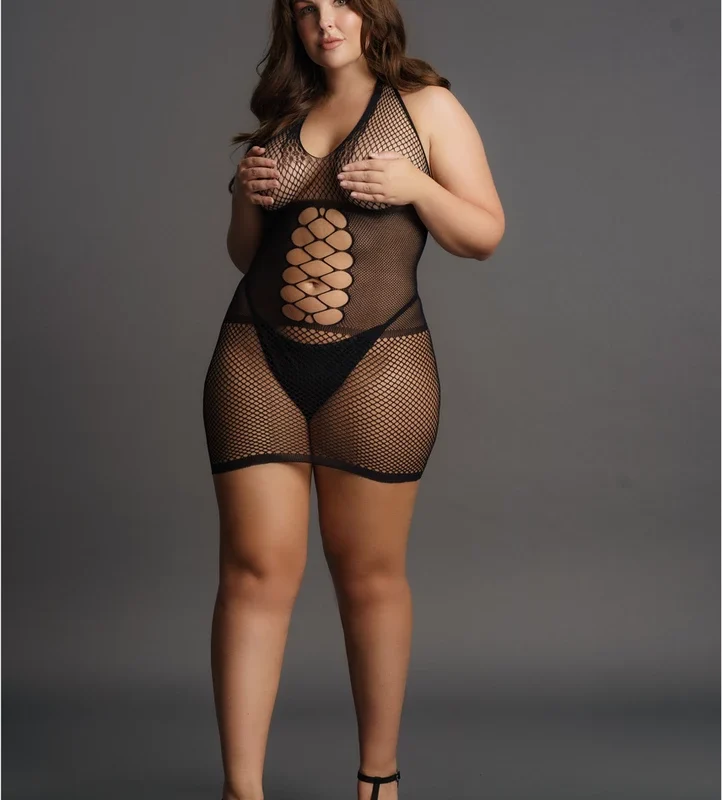 Peek-A-Boo Plus Size High Neck Fishnet Dress with Lace Trim XXL-5XL