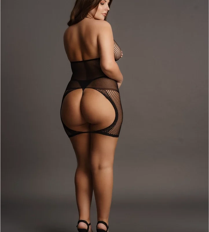 Peek-A-Boo Plus Size High Neck Fishnet Dress with Lace Trim XXL-5XL