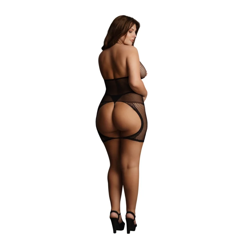 Peek-A-Boo Plus Size High Neck Fishnet Dress with Lace Trim XXL-5XL