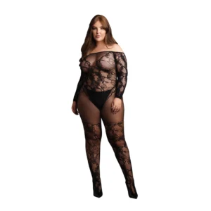 OSX Bodystocking Off-Shoulder Long Sleeves Black Plus Size Lingerie