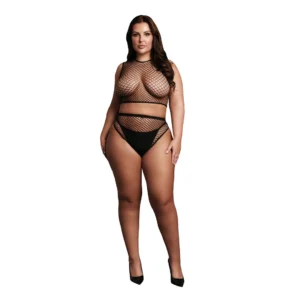 Ouch! OSX Black Two-Piece Set with Crop Top, Panty & Fishnet Design XL-4XL