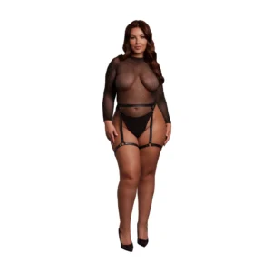 Leg Avenue Bodysuit Plus Size Black/Gold Glitter Open Back PU Garters