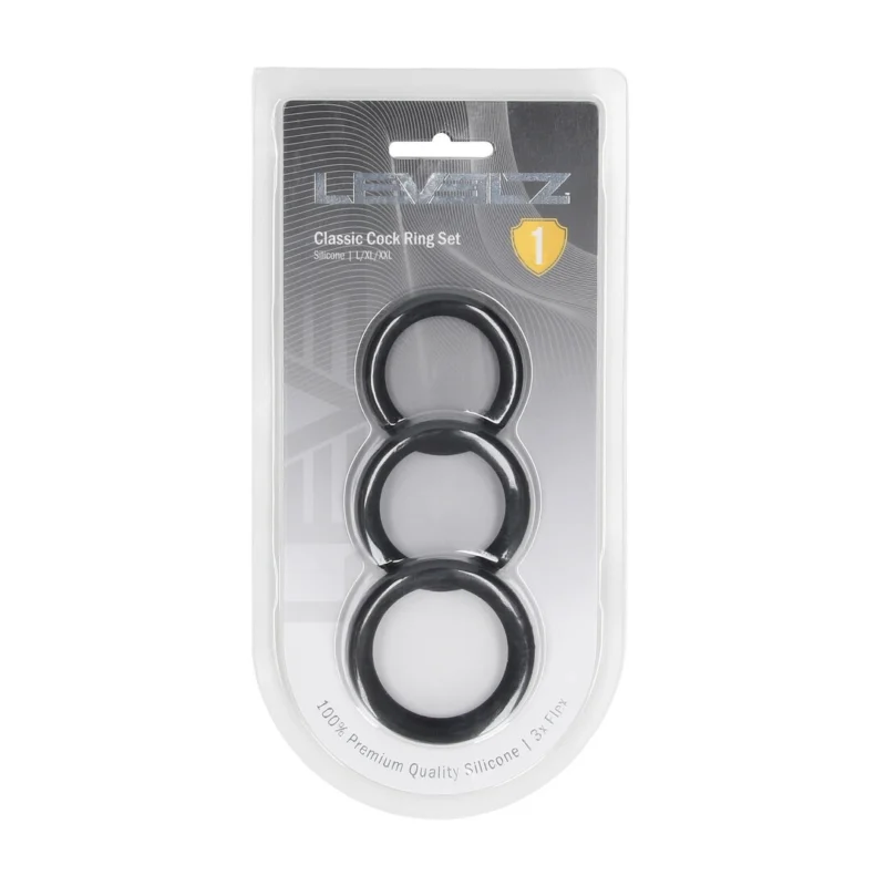 LEVELZ silikoninių žiedų rinkinys L/XL/XXL juodas – 3 dalių kūnui saugi kolekcija