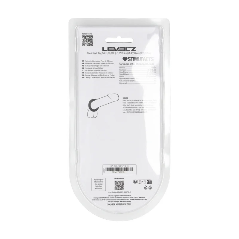 LEVELZ silikoninių žiedų rinkinys L/XL/XXL juodas – 3 dalių kūnui saugi kolekcija