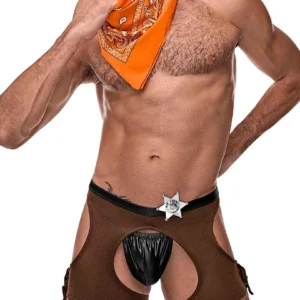 Male Power Cowboy Costume Set XL with Decorative Bandanna and Badge