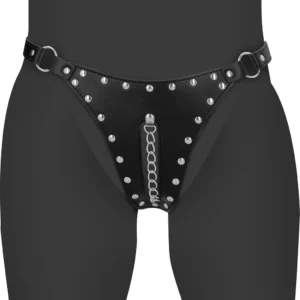 OUCH! Xtreme PU Leather Chastity Thong with Adjustable Chains Black