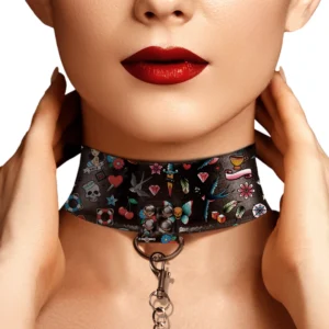 Ouch! Adjustable Bonded Leather Collar with Leash, Black, Universal Size