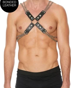 Ouch! Chain & Bonded Leather Adjustable Chest Harness Black 86-108 cm