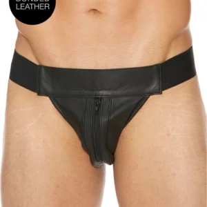 Plain Front Leather Jockstrap with Zipper Black L/XL