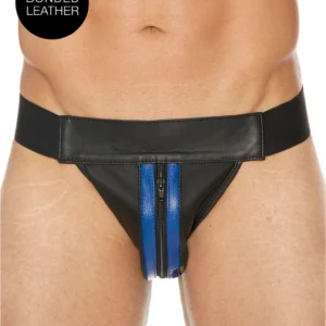 Ouch! Plain Front Leather Jockstrap with Zipper S/M Black