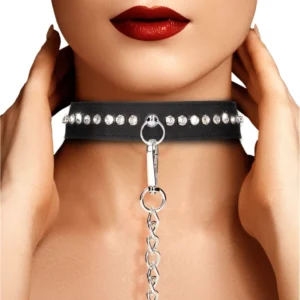 Shots Diamond Series Adjustable Collar with Leash, Black, Studded Design