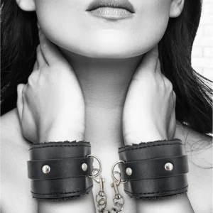 OUCH! Deluxe Plush Bonded Leather Handcuffs Adjustable Black