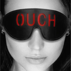 OUCH Bonded Leather Eye Mask - Red Lettering, Adjustable Strap