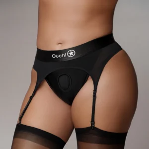 Shots Vibrating Adjustable Strap-On Thong XL/XXL with Garters Black