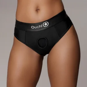 Shots Ouch! Vibrating Strap-On Thong M/L Black with Removable Straps