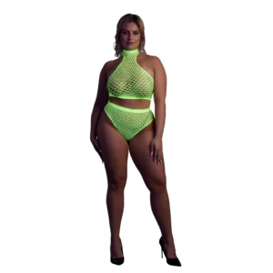Shots Neon UV Set - Turtle Neck Crop Top & High Waist Panty, Neon Green