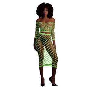 Neonessa UV-Active Neon Crop Top & Maxi Skirt Set, Long Sleeve, Green/Pink