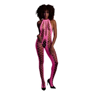 Shots Neon UV Halterneck Bodystocking - Stretch, Neon Pink, S-XL