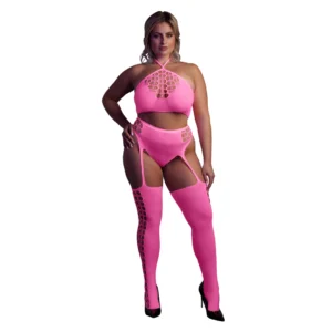 NEON Pink Two-Piece Crop Top & Garter Stockings Set UV Active S-L
