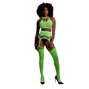 Shots Neon Glow Crop Top & Garter Stockings Set UV Reactive Pink XL/XXXXL