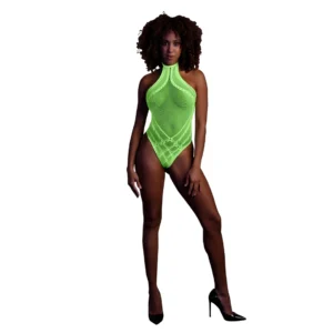 Neon Lingerie Bodysuit by Shots - Halter Neck, UV Reactive, Neon Green