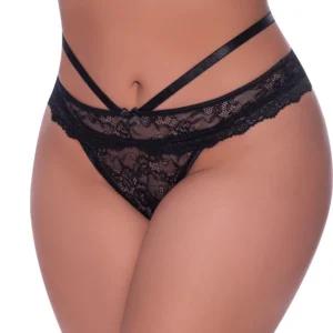 Magic Silk Exposed Cheeky Panty 2X Black - Cross-Strap Lace Detail