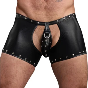 Male Power Poseidon L/XL Black Open Crotch & Back Shorts with Thong