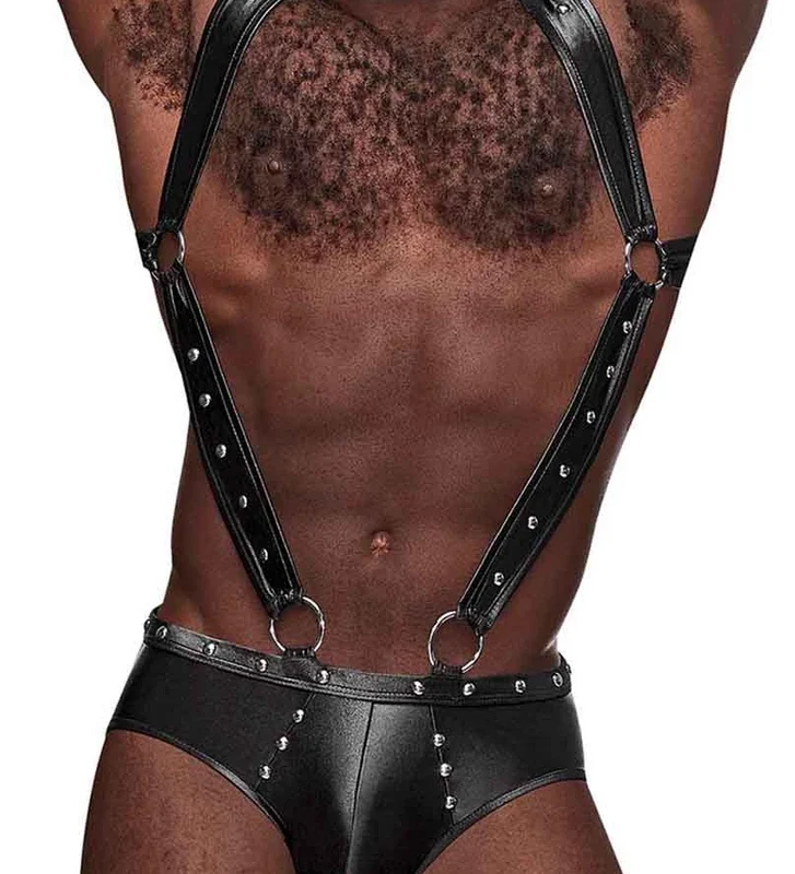 Male Power Uranus L/XL Harness-Style Jock Briefs with Straps Black