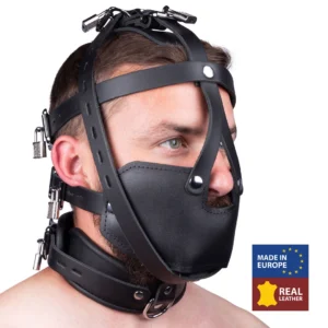Red Leather Full Head Mask Black Adjustable Straps European Made