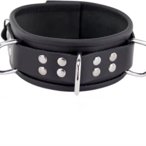 Red Leather Collar Model 3D Black, Triple Metal Rings, Adjustable