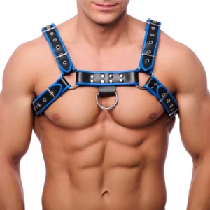 Red Leather Harness S/M Adjustable Black/Blue Cowhide Accents